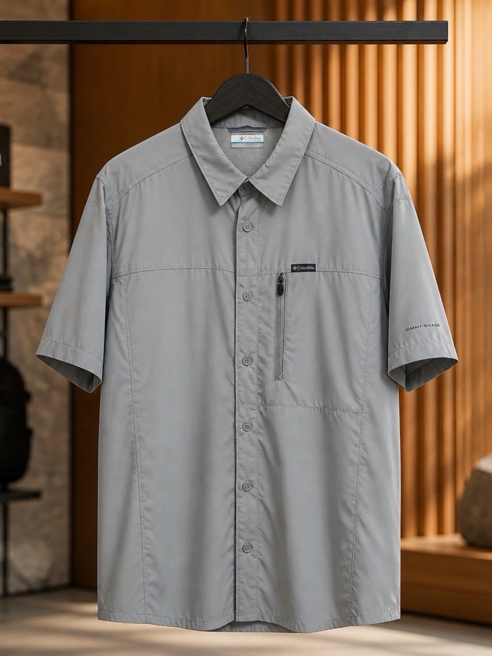 Columbia Omni-Shade Short Sleeve Button-Up Shirt Mens size Large Grey